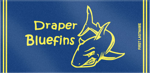 These are the Draper Bluefins' custom woven swim team towels! These custom swim team towels look great! The accent lines really help set this custom woven towel up as a swim team towel.